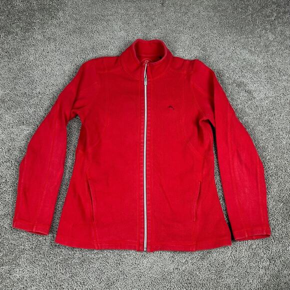 Tommy Bahama Sweater Womens Medium Red Knit Marlin Logo Full Zip Ladies - Picture 1 of 10